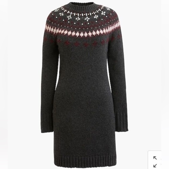 J.Crew Fair Isle Wool Blend Charcoal Sweater Dress w/Embellishments - Size L - Picture 1 of 10